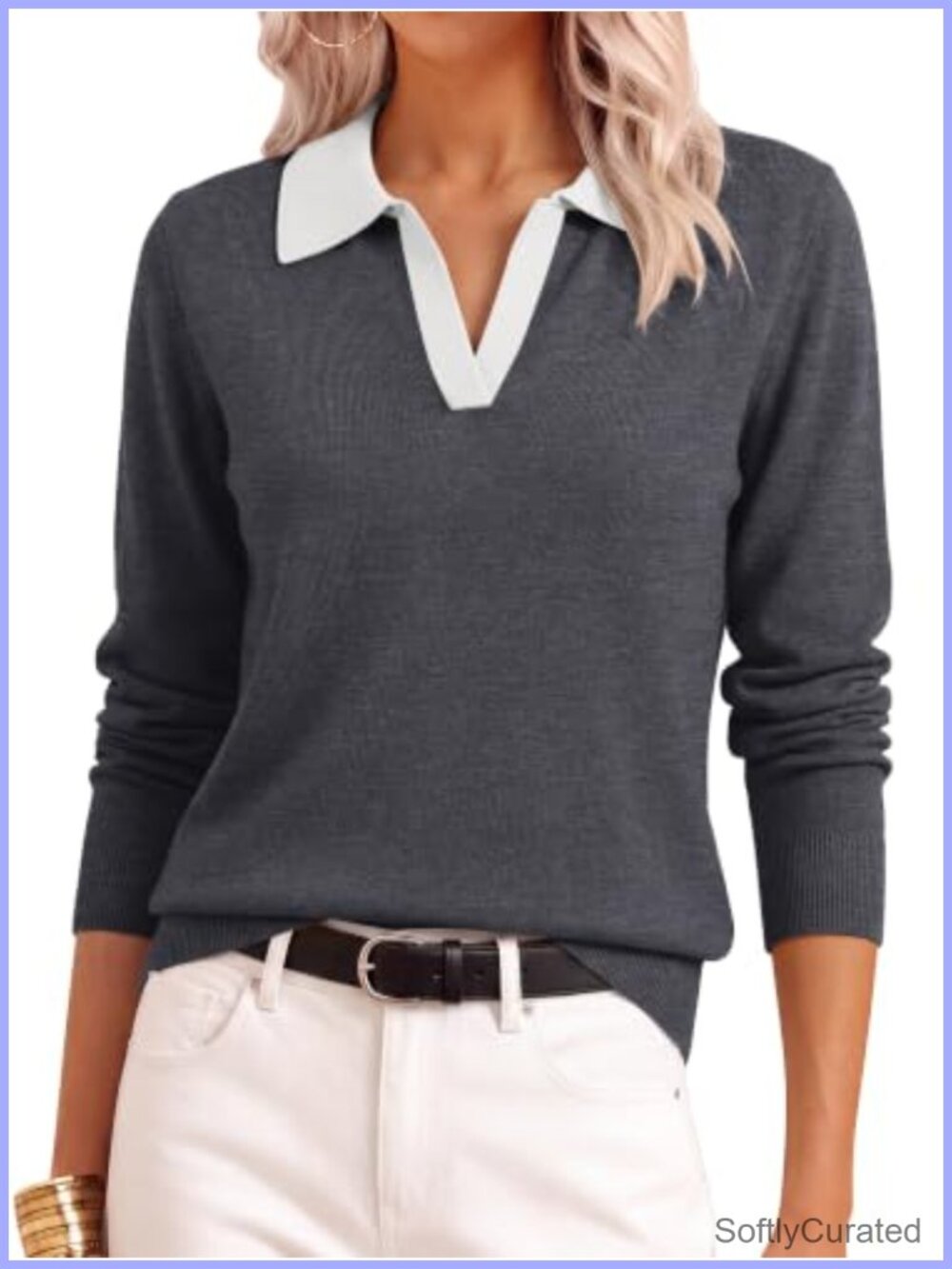 Women's V-Neck Polo Sweater Long Sleeve Knit Pullover Casual Top